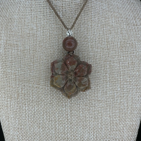 Polychrome Jasper Flower Pendant Necklace on Brown Rope - Picture 3 of 12